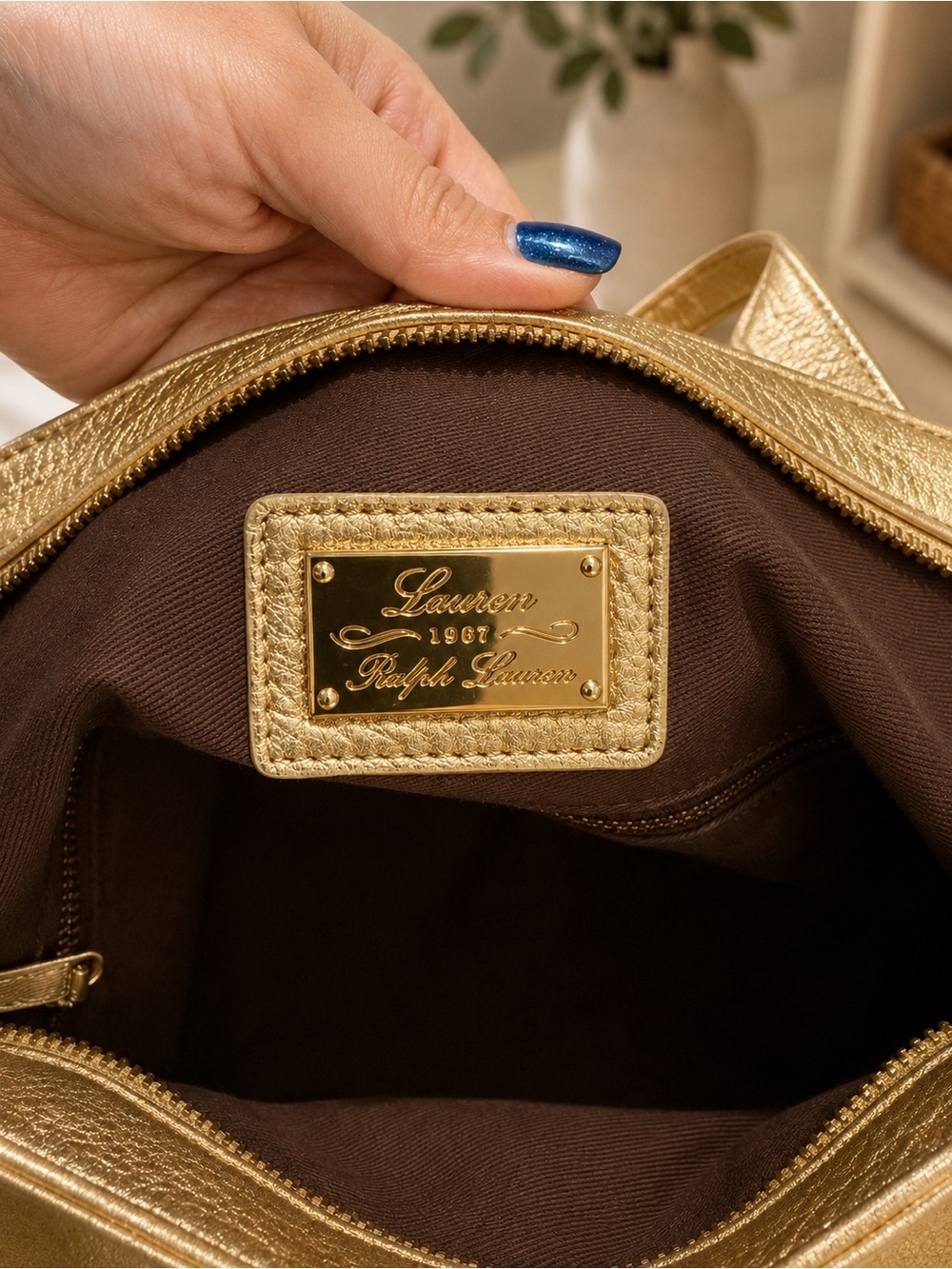 Lauren Ralph Lauren Metallic Gold LXVII Crest Tote Bag LG Shopper Shoulder Purse - Picture 8 of 13